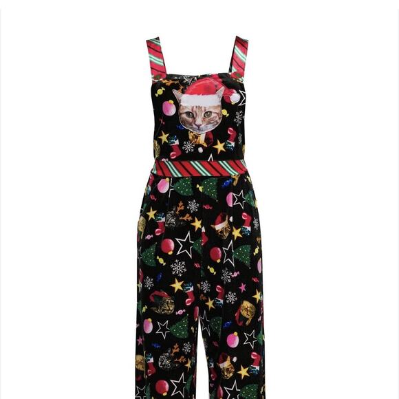 Womens Black Velvet Christmas Kitty Cat Holiday Overalls Jumpsuit Size XXL NWT - Picture 1 of 5